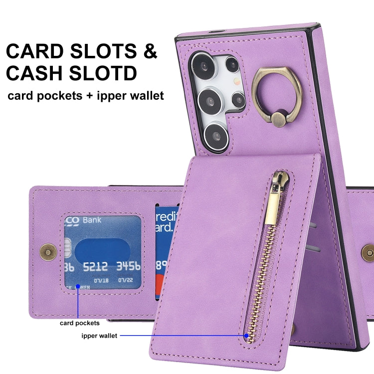 For Samsung Galaxy S24 Ultra 5G Retro Ring and Zipper RFID Card Slot Phone Case(Purple) - HoMEdemic™ 