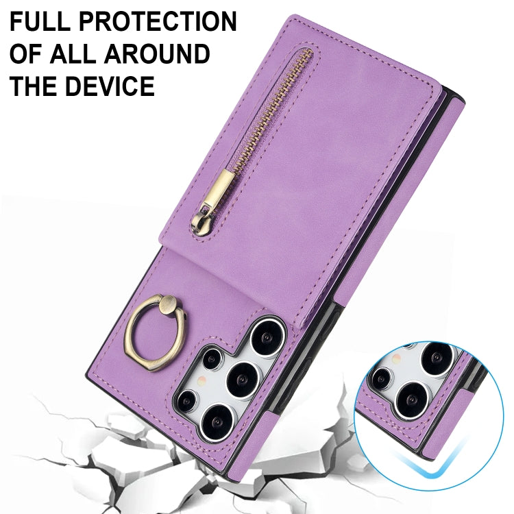 For Samsung Galaxy S24 Ultra 5G Retro Ring and Zipper RFID Card Slot Phone Case(Purple) - HoMEdemic™ 