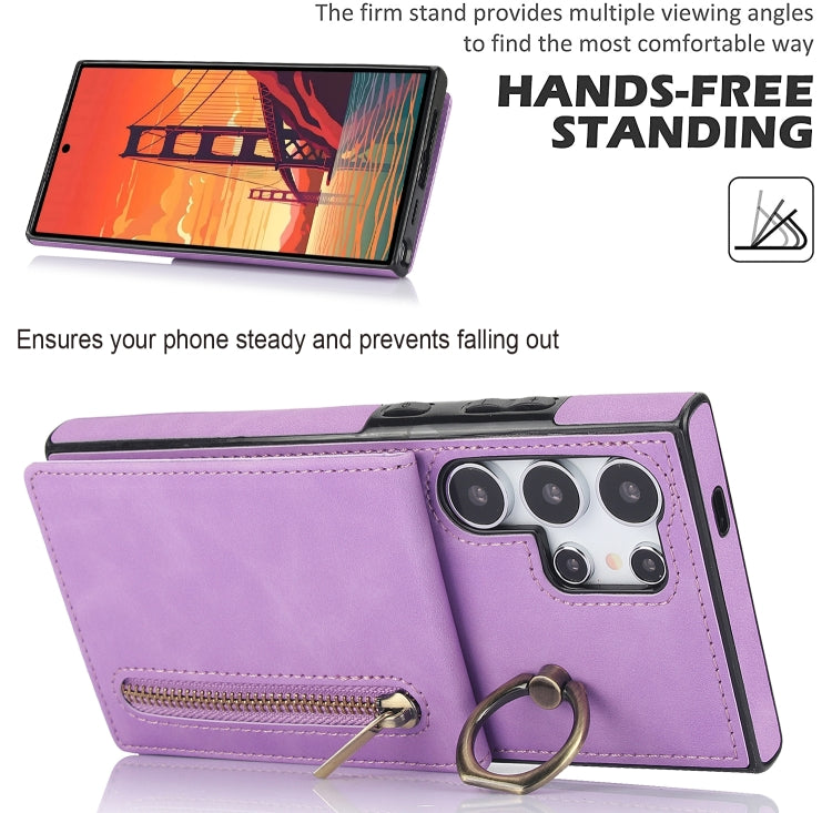 For Samsung Galaxy S24 Ultra 5G Retro Ring and Zipper RFID Card Slot Phone Case(Purple) - HoMEdemic™ 