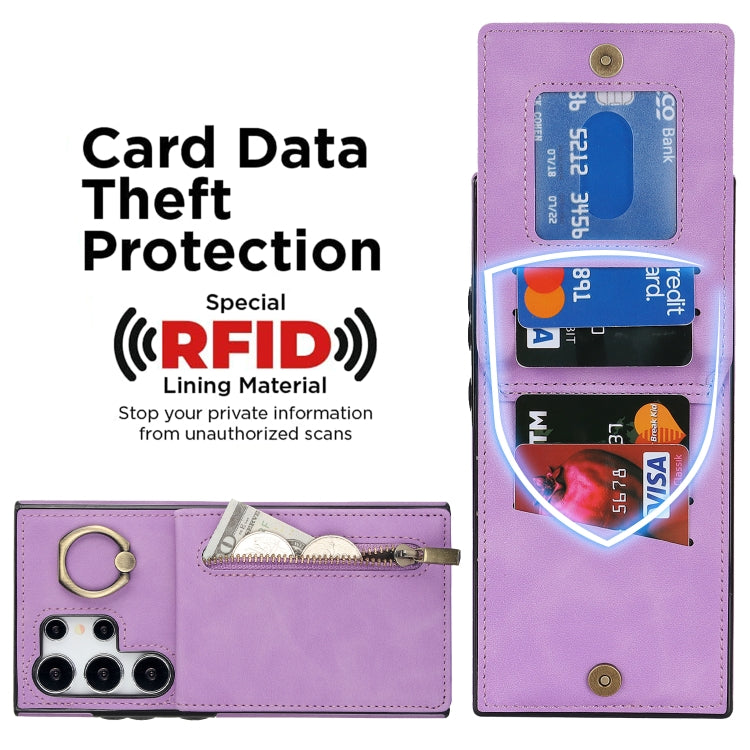For Samsung Galaxy S24 Ultra 5G Retro Ring and Zipper RFID Card Slot Phone Case(Purple) - HoMEdemic™ 