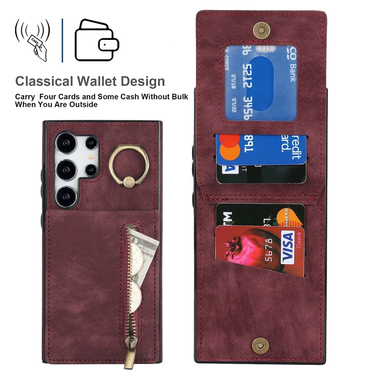 For Samsung Galaxy S24 Ultra 5G Retro Ring and Zipper RFID Card Slot Phone Case(Wine Red) - HoMEdemic™ 