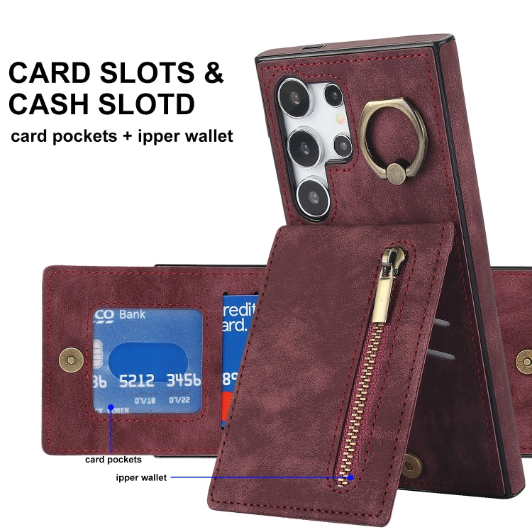 For Samsung Galaxy S24 Ultra 5G Retro Ring and Zipper RFID Card Slot Phone Case(Wine Red) - HoMEdemic™ 