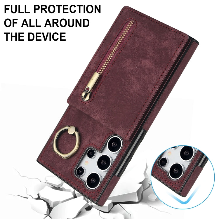 For Samsung Galaxy S24 Ultra 5G Retro Ring and Zipper RFID Card Slot Phone Case(Wine Red) - HoMEdemic™ 