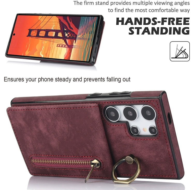 For Samsung Galaxy S24 Ultra 5G Retro Ring and Zipper RFID Card Slot Phone Case(Wine Red) - HoMEdemic™ 