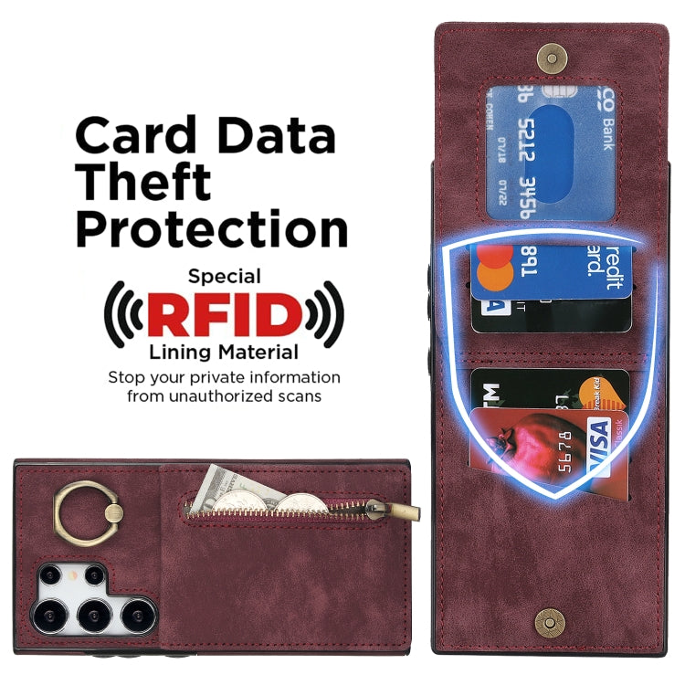 For Samsung Galaxy S24 Ultra 5G Retro Ring and Zipper RFID Card Slot Phone Case(Wine Red) - HoMEdemic™ 