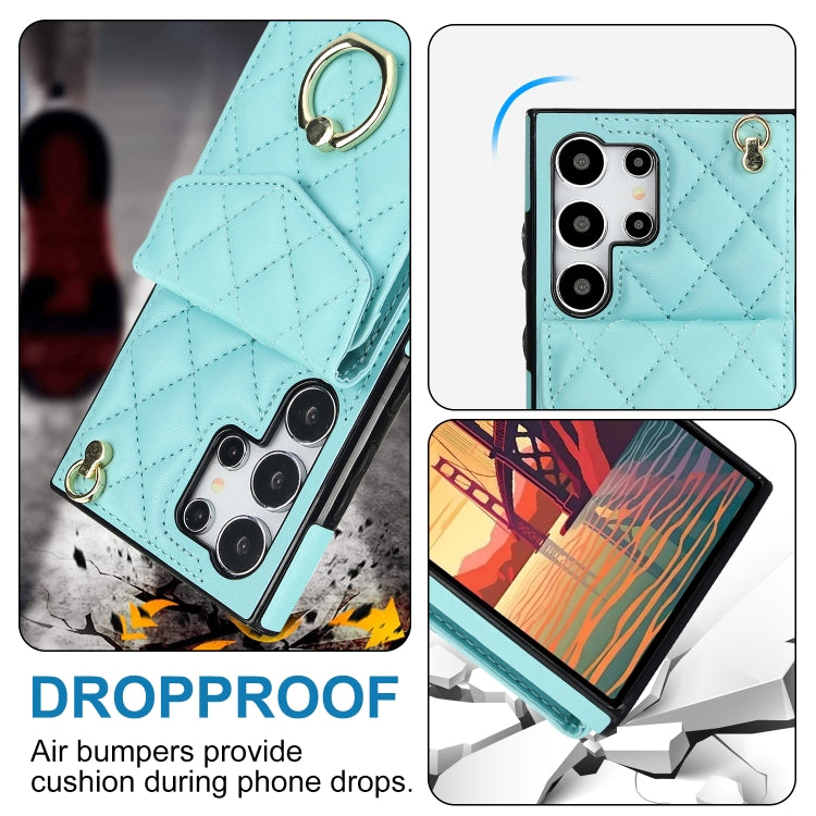 For Samsung Galaxy S24 Ultra 5G Rhombic Texture Card Bag Phone Case with Long Lanyard(Mint Green) - HoMEdemic™ 