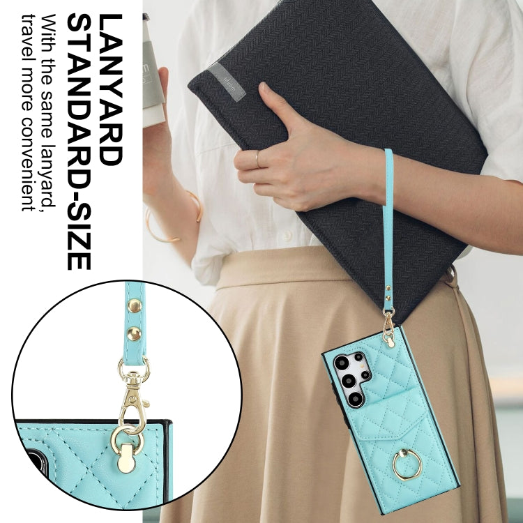 For Samsung Galaxy S24 Ultra 5G Rhombic Texture Card Bag Phone Case with Long Lanyard(Mint Green) - HoMEdemic™ 
