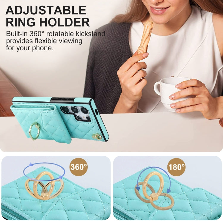 For Samsung Galaxy S24 Ultra 5G Rhombic Texture Card Bag Phone Case with Long Lanyard(Mint Green) - HoMEdemic™ 