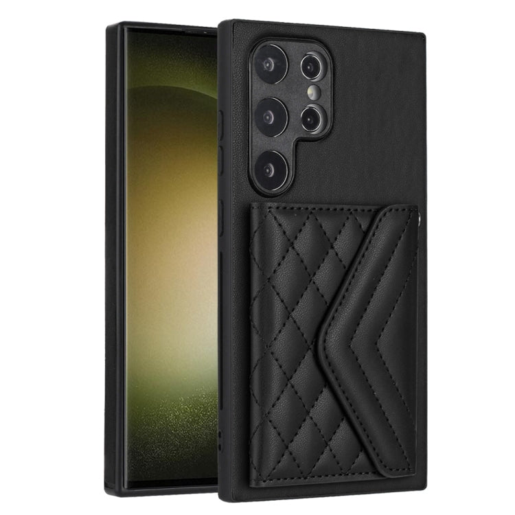 For Samsung Galaxy S24 Ultra 5G Rhombic Texture Card Bag RFID Phone Case with Long Lanyard(Black) - HoMEdemic™ 