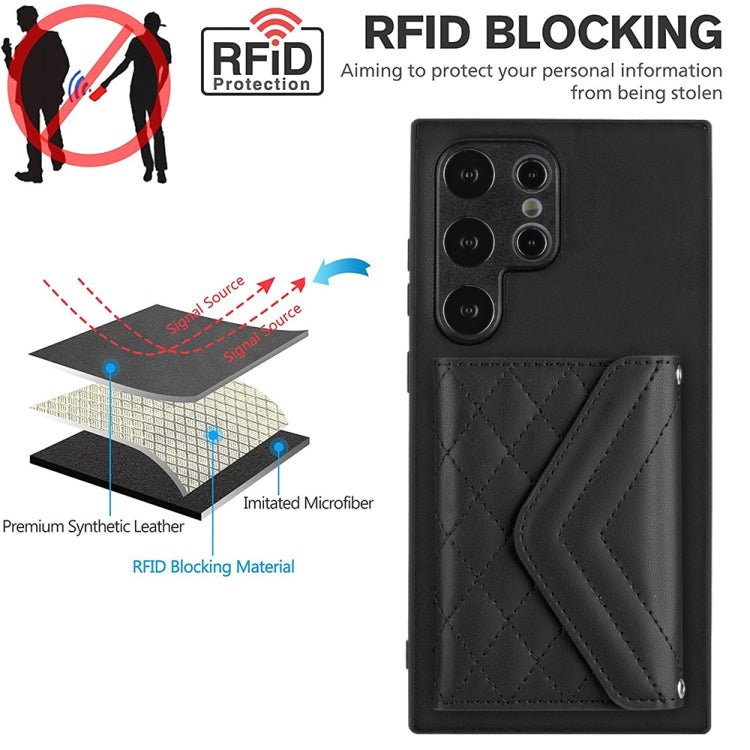 For Samsung Galaxy S24 Ultra 5G Rhombic Texture Card Bag RFID Phone Case with Long Lanyard(Black) - HoMEdemic™ 