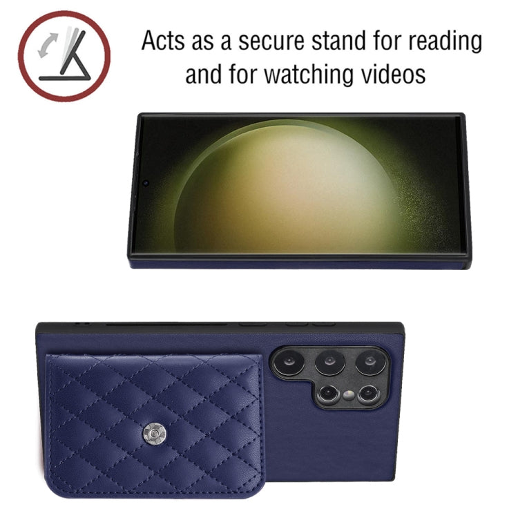 For Samsung Galaxy S24 Ultra 5G Rhombic Texture Card Bag RFID Phone Case with Long Lanyard(Blue) - HoMEdemic™ 