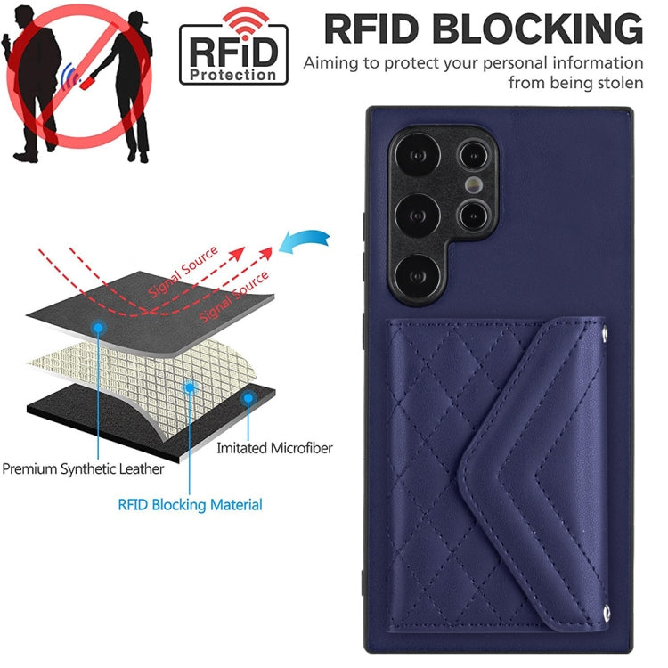 For Samsung Galaxy S24 Ultra 5G Rhombic Texture Card Bag RFID Phone Case with Long Lanyard(Blue) - HoMEdemic™ 