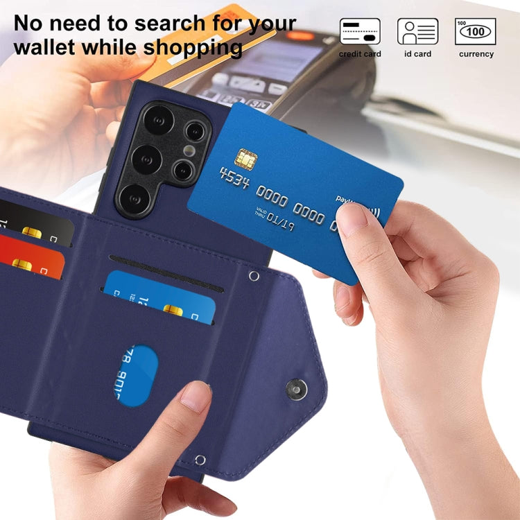 For Samsung Galaxy S24 Ultra 5G Rhombic Texture Card Bag RFID Phone Case with Long Lanyard(Blue) - HoMEdemic™ 