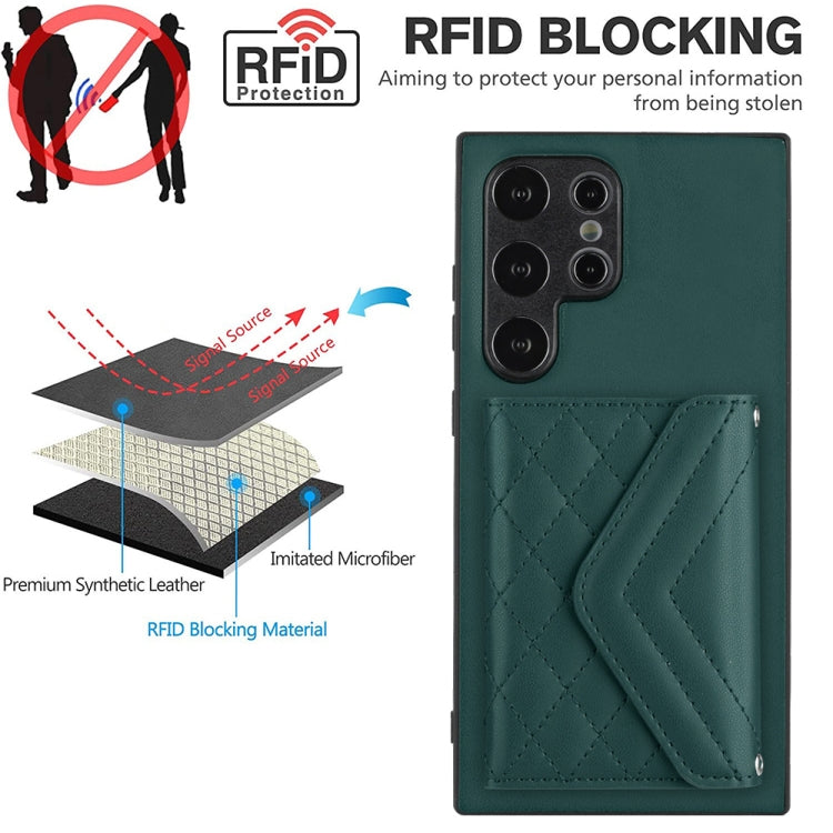 For Samsung Galaxy S24 Ultra 5G Rhombic Texture Card Bag RFID Phone Case with Long Lanyard(Green) - HoMEdemic™ 