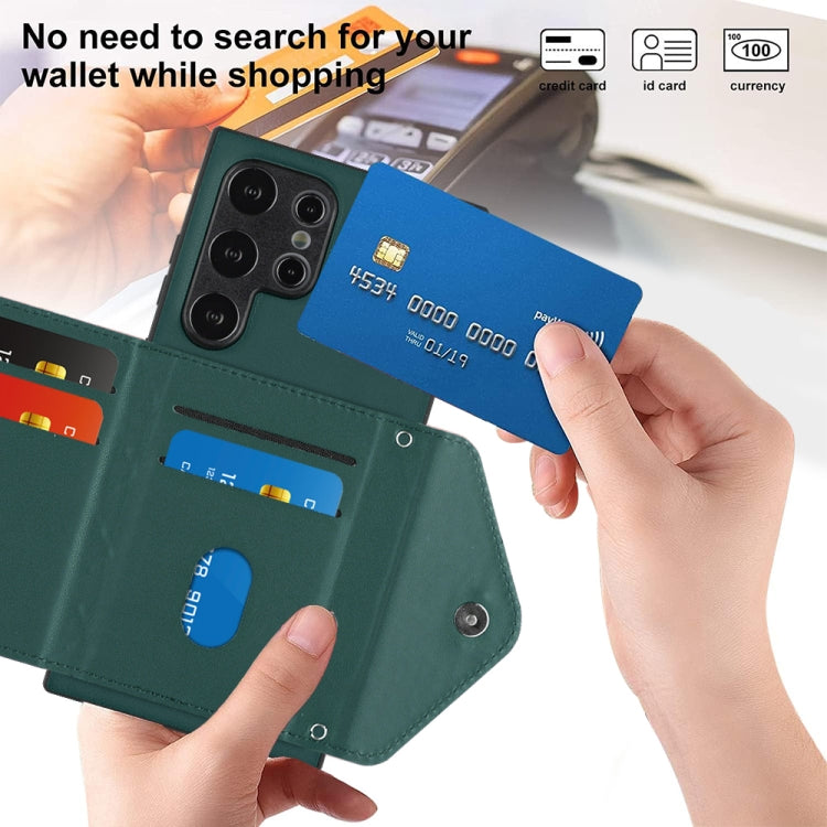 For Samsung Galaxy S24 Ultra 5G Rhombic Texture Card Bag RFID Phone Case with Long Lanyard(Green) - HoMEdemic™ 