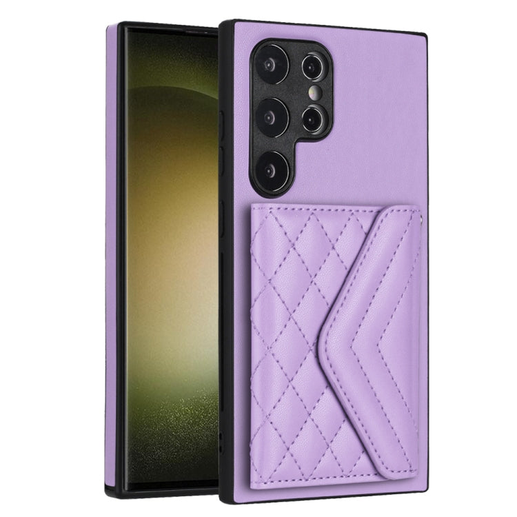 For Samsung Galaxy S24 Ultra 5G Rhombic Texture Card Bag RFID Phone Case with Long Lanyard(Light Purple) - HoMEdemic™ 
