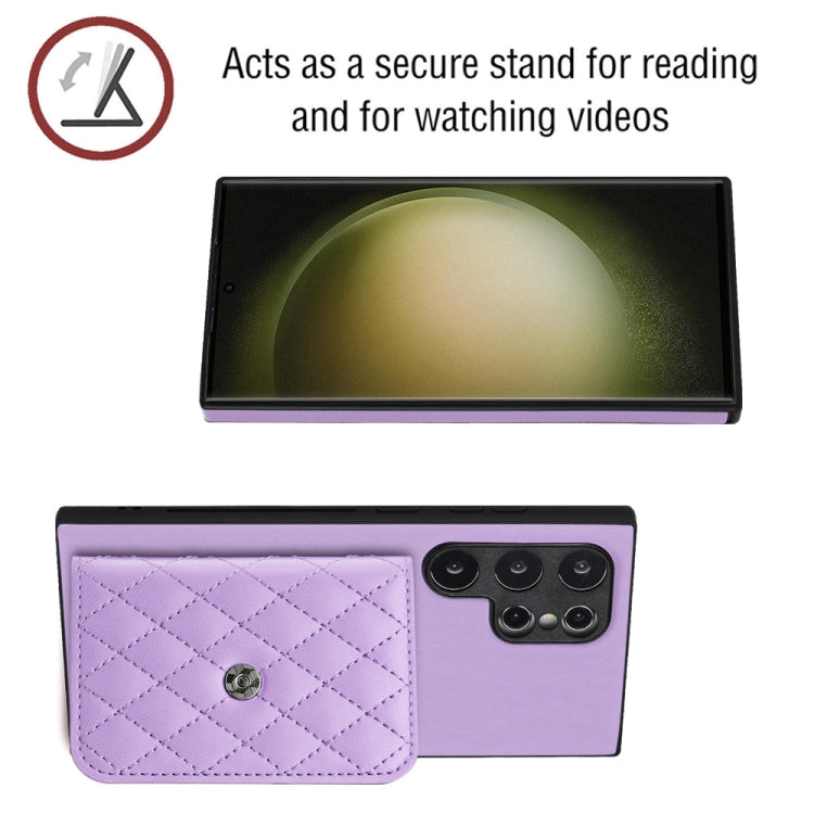 For Samsung Galaxy S24 Ultra 5G Rhombic Texture Card Bag RFID Phone Case with Long Lanyard(Light Purple) - HoMEdemic™ 