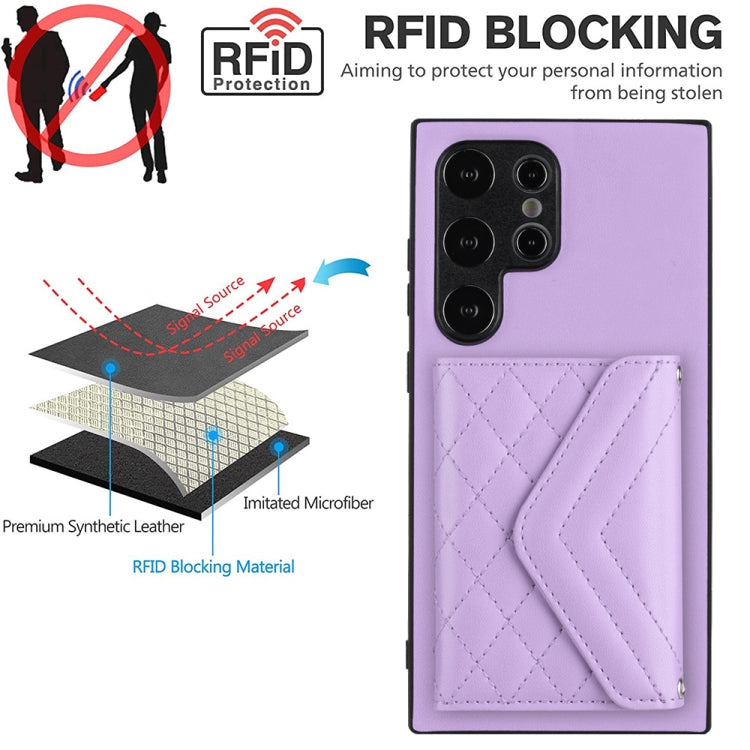 For Samsung Galaxy S24 Ultra 5G Rhombic Texture Card Bag RFID Phone Case with Long Lanyard(Light Purple) - HoMEdemic™ 