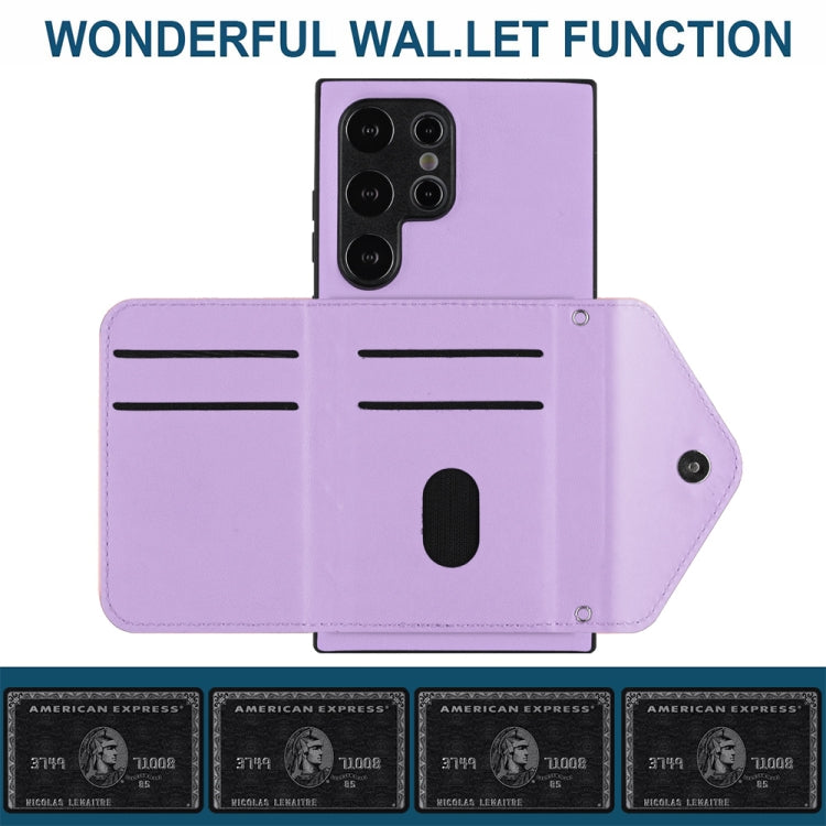 For Samsung Galaxy S24 Ultra 5G Rhombic Texture Card Bag RFID Phone Case with Long Lanyard(Light Purple) - HoMEdemic™ 