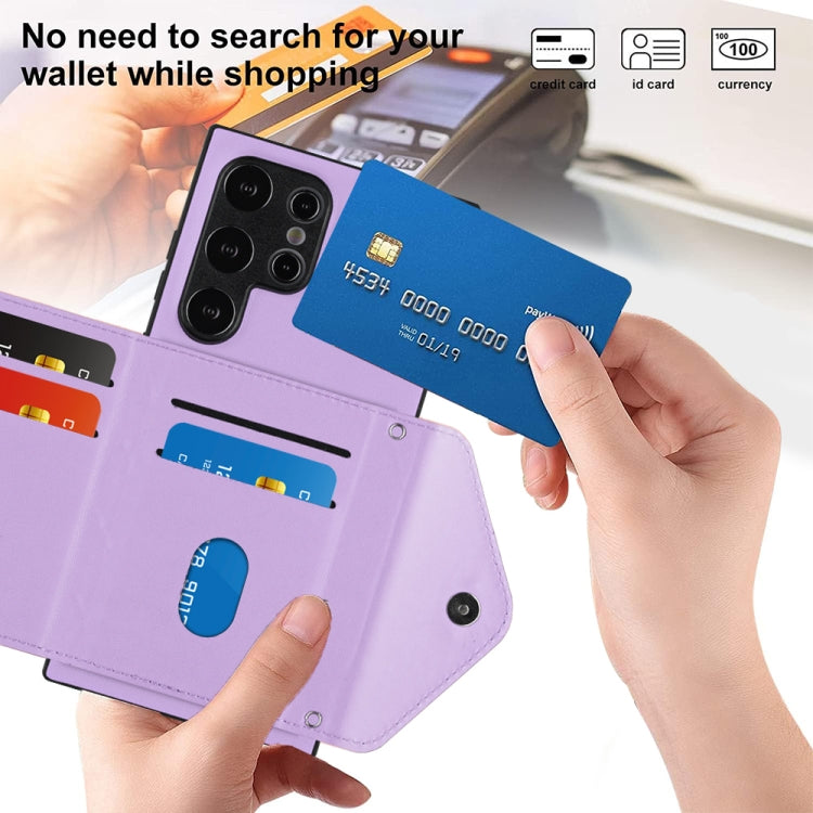 For Samsung Galaxy S24 Ultra 5G Rhombic Texture Card Bag RFID Phone Case with Long Lanyard(Light Purple) - HoMEdemic™ 
