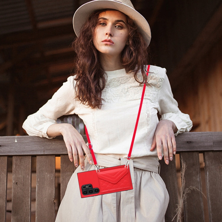 For Samsung Galaxy S24 Ultra 5G Rhombic Texture Card Bag RFID Phone Case with Long Lanyard(Red) - HoMEdemic™ 