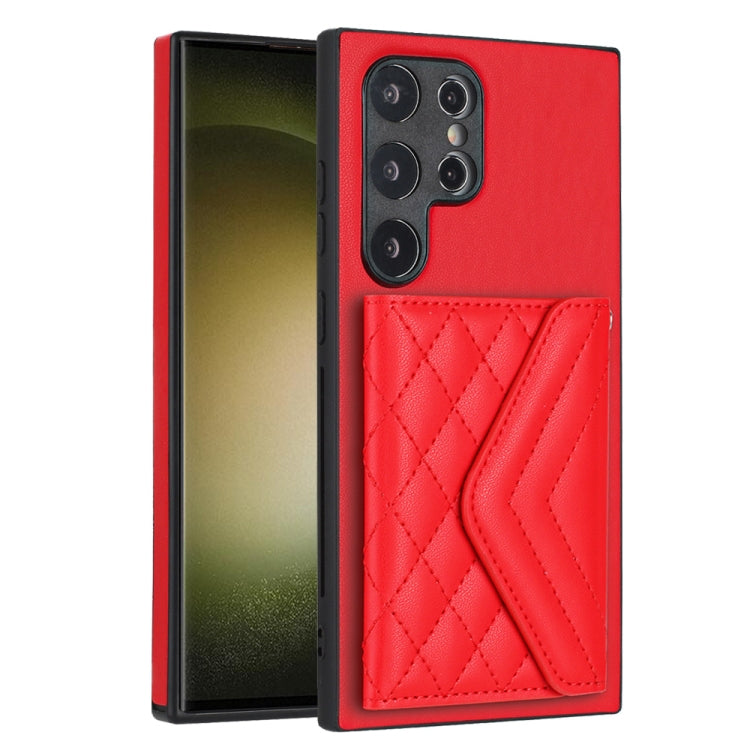 For Samsung Galaxy S24 Ultra 5G Rhombic Texture Card Bag RFID Phone Case with Long Lanyard(Red) - HoMEdemic™ 