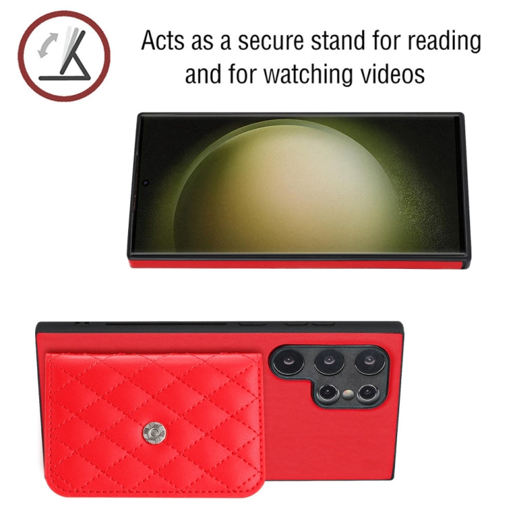 For Samsung Galaxy S24 Ultra 5G Rhombic Texture Card Bag RFID Phone Case with Long Lanyard(Red) - HoMEdemic™ 