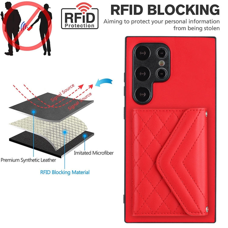For Samsung Galaxy S24 Ultra 5G Rhombic Texture Card Bag RFID Phone Case with Long Lanyard(Red) - HoMEdemic™ 