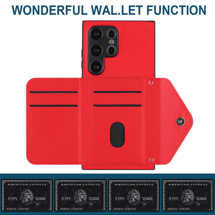 For Samsung Galaxy S24 Ultra 5G Rhombic Texture Card Bag RFID Phone Case with Long Lanyard(Red) - HoMEdemic™ 