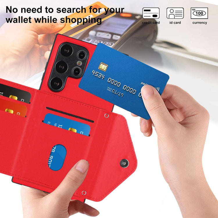 For Samsung Galaxy S24 Ultra 5G Rhombic Texture Card Bag RFID Phone Case with Long Lanyard(Red) - HoMEdemic™ 