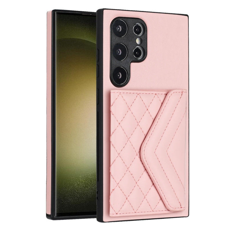 For Samsung Galaxy S24 Ultra 5G Rhombic Texture Card Bag RFID Phone Case with Long Lanyard(Rose Gold) - HoMEdemic™ 