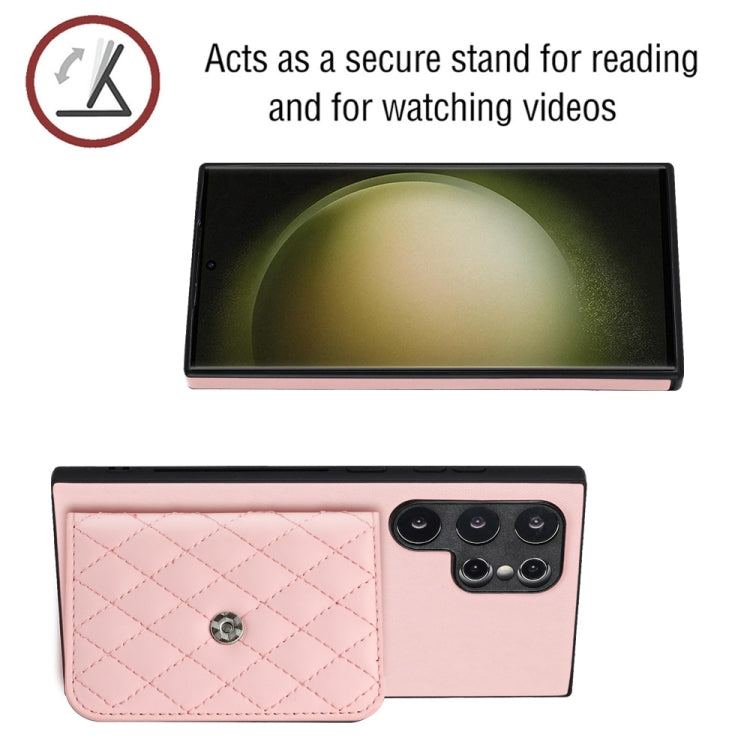For Samsung Galaxy S24 Ultra 5G Rhombic Texture Card Bag RFID Phone Case with Long Lanyard(Rose Gold) - HoMEdemic™ 