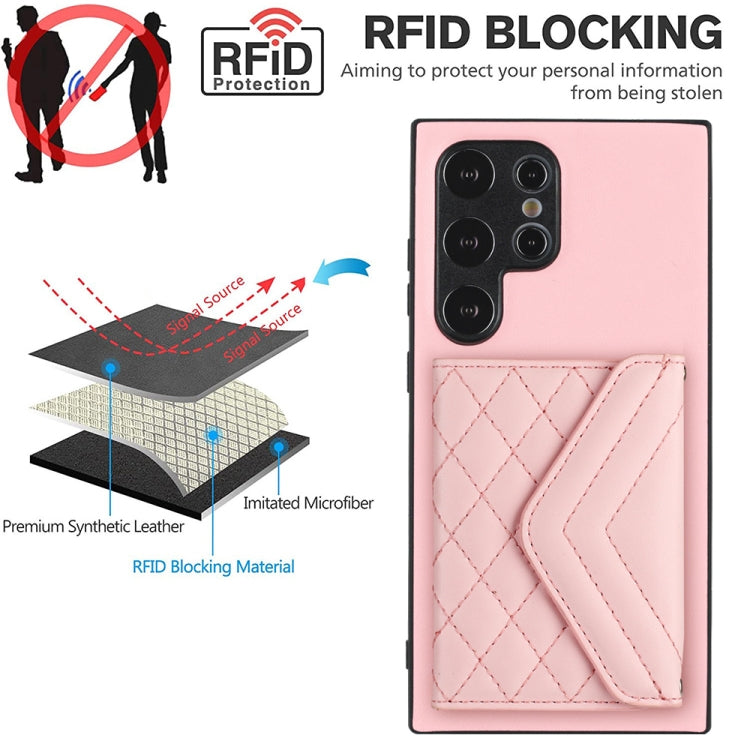 For Samsung Galaxy S24 Ultra 5G Rhombic Texture Card Bag RFID Phone Case with Long Lanyard(Rose Gold) - HoMEdemic™ 