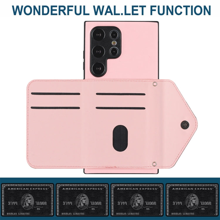 For Samsung Galaxy S24 Ultra 5G Rhombic Texture Card Bag RFID Phone Case with Long Lanyard(Rose Gold) - HoMEdemic™ 