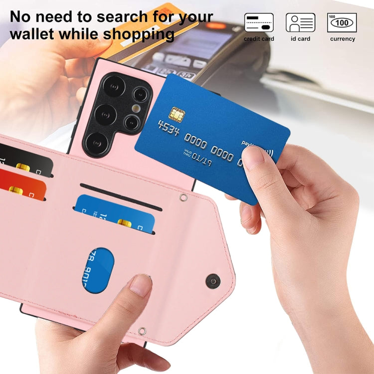 For Samsung Galaxy S24 Ultra 5G Rhombic Texture Card Bag RFID Phone Case with Long Lanyard(Rose Gold) - HoMEdemic™ 