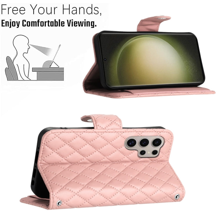 For Samsung Galaxy S24 Ultra 5G Rhombic Texture Flip Leather Phone Case with Lanyard(Coral Pink) - HoMEdemic™ 