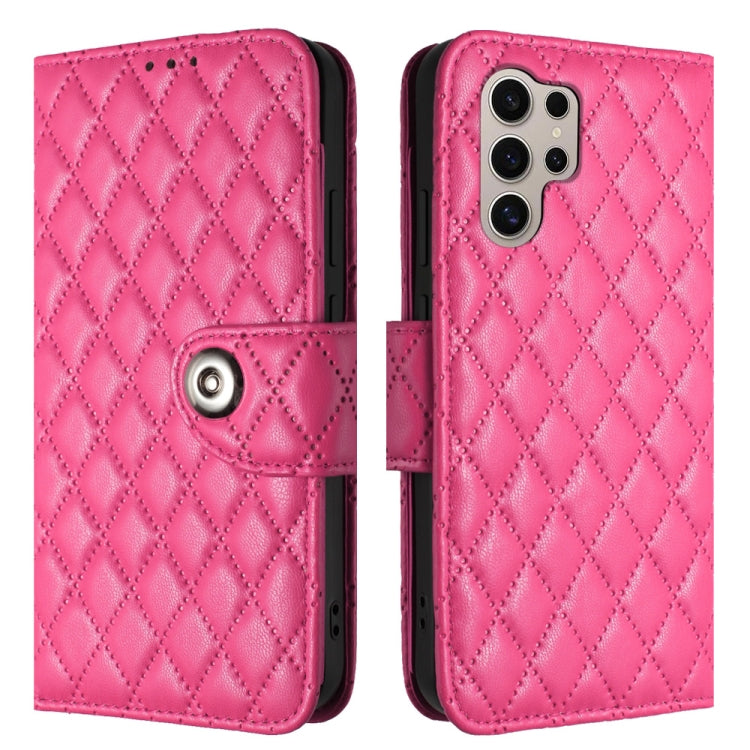 For Samsung Galaxy S24 Ultra 5G Rhombic Texture Flip Leather Phone Case with Lanyard(Rose Red) - HoMEdemic™ 