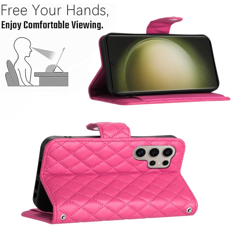 For Samsung Galaxy S24 Ultra 5G Rhombic Texture Flip Leather Phone Case with Lanyard(Rose Red) - HoMEdemic™ 