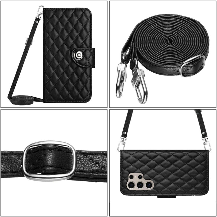 For Samsung Galaxy S24 Ultra 5G Rhombic Texture Flip Leather Phone Case with Long Lanyard(Black) - HoMEdemic™ 