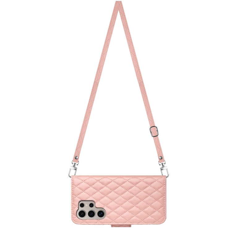 For Samsung Galaxy S24 Ultra 5G Rhombic Texture Flip Leather Phone Case with Long Lanyard(Coral Pink) - HoMEdemic™ 
