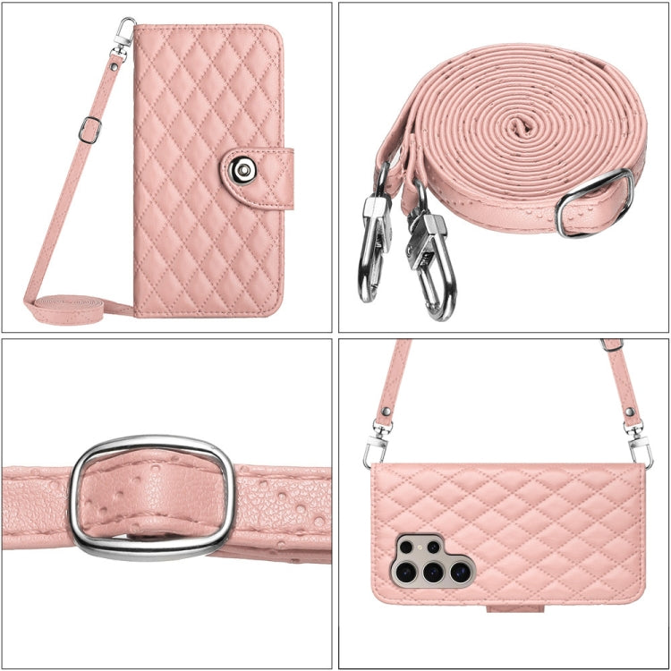 For Samsung Galaxy S24 Ultra 5G Rhombic Texture Flip Leather Phone Case with Long Lanyard(Coral Pink) - HoMEdemic™ 