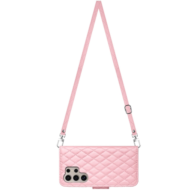 For Samsung Galaxy S24 Ultra 5G Rhombic Texture Flip Leather Phone Case with Long Lanyard(Pink) - HoMEdemic™ 
