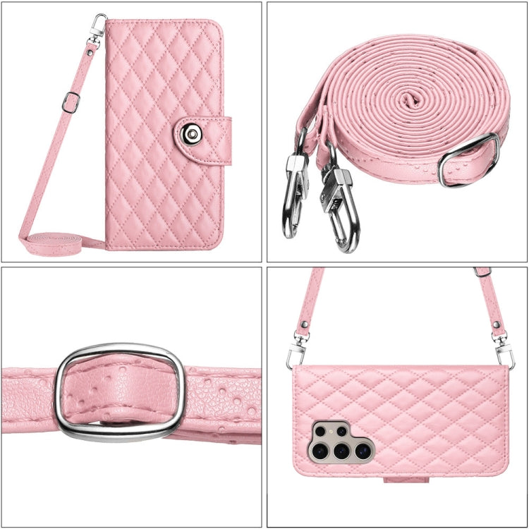 For Samsung Galaxy S24 Ultra 5G Rhombic Texture Flip Leather Phone Case with Long Lanyard(Pink) - HoMEdemic™ 