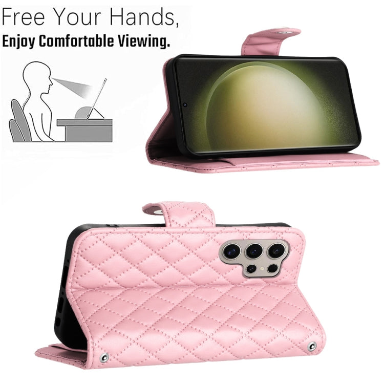 For Samsung Galaxy S24 Ultra 5G Rhombic Texture Flip Leather Phone Case with Long Lanyard(Pink) - HoMEdemic™ 
