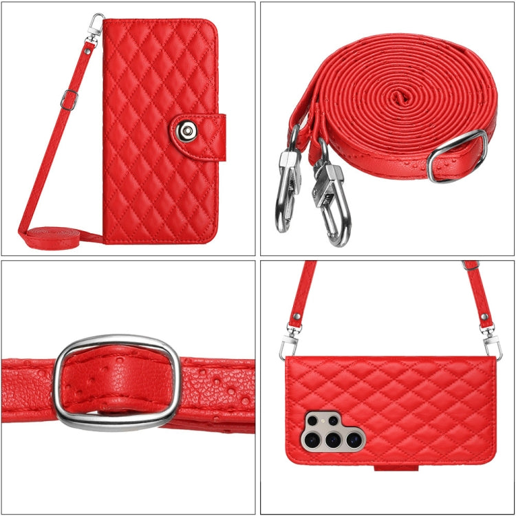 For Samsung Galaxy S24 Ultra 5G Rhombic Texture Flip Leather Phone Case with Long Lanyard(Red) - HoMEdemic™ 