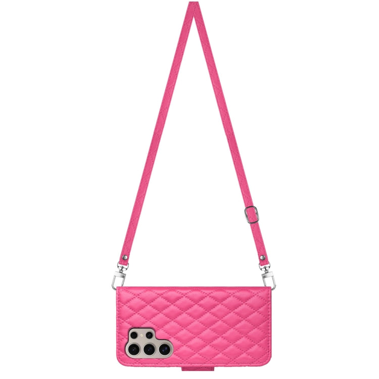 For Samsung Galaxy S24 Ultra 5G Rhombic Texture Flip Leather Phone Case with Long Lanyard(Rose Red) - HoMEdemic™ 
