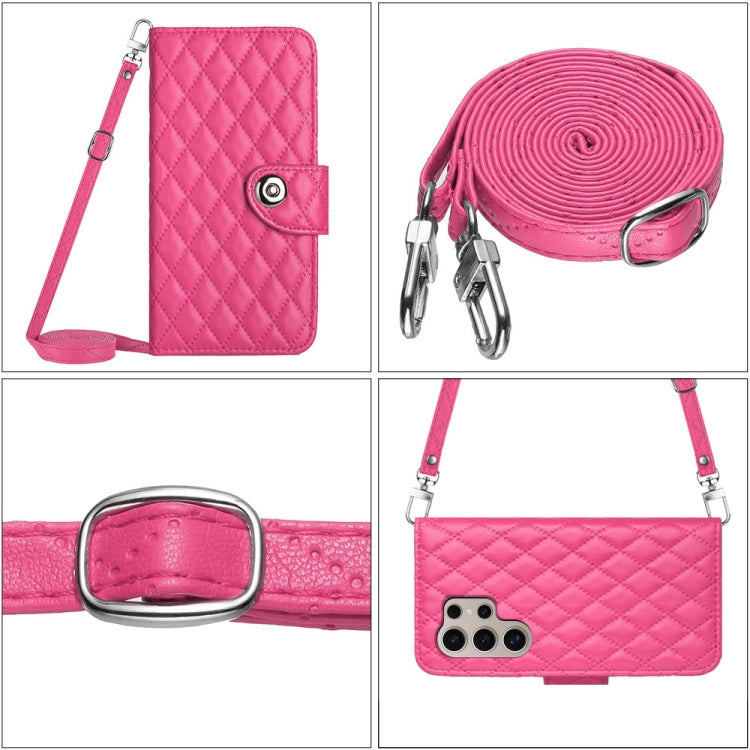 For Samsung Galaxy S24 Ultra 5G Rhombic Texture Flip Leather Phone Case with Long Lanyard(Rose Red) - HoMEdemic™ 
