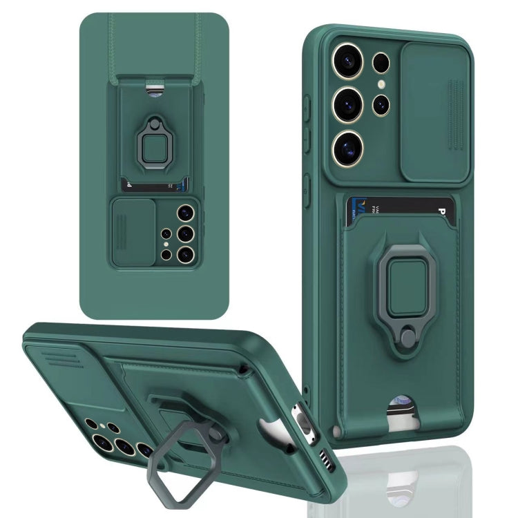 For Samsung Galaxy S24 Ultra 5G Sliding Camshield Magnetic Card Holder Silicone Phone Case(Dark Night Green) - HoMEdemic™ 
