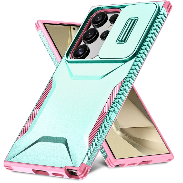 For Samsung Galaxy S24 Ultra 5G Sliding Camshield Phone Case(Grey Green + Pink) - HoMEdemic™ 