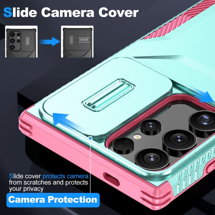 For Samsung Galaxy S24 Ultra 5G Sliding Camshield Phone Case(Grey Green + Pink) - HoMEdemic™ 